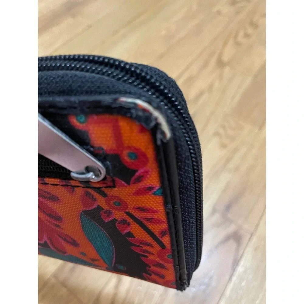 Fossil Floral Wallet Clutch Coated Canvas Orange Pink Teal‎ Black Zip Around